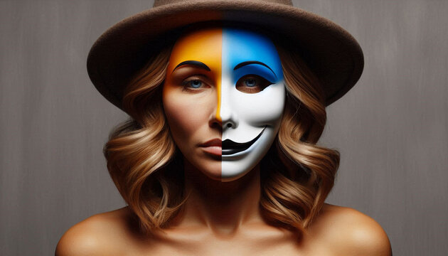 A woman with two faces. A mask. A woman hiding under a happy mask. Hypocritical, insincere, two-faced, changeable