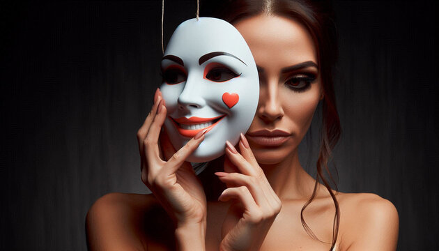 A woman with two faces. A mask. A woman hiding under a happy mask. Hypocritical, insincere, two-faced, changeable