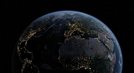 Obraz premium Earth illuminated at night, showcasing city lights and atmospheric glow from space view