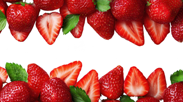 Fresh Red Strawberry Fruit Border Frame on Transparent Background