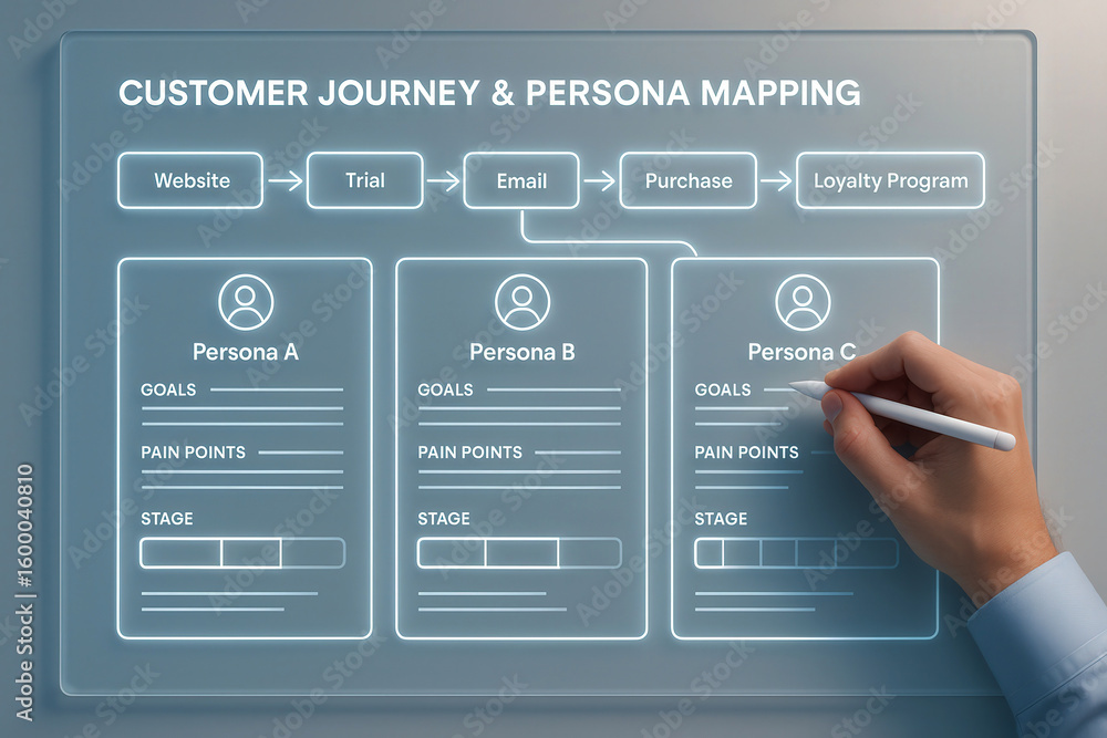 Poster customer journey and persona mapping visualized on a digital screen with a hand interacting with the