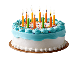 Festive Birthday Cake: A delectable birthday cake, adorned with vibrant frosting, colorful sprinkles, and a collection of lit candles, embodies the spirit of celebration and joyful occasions.