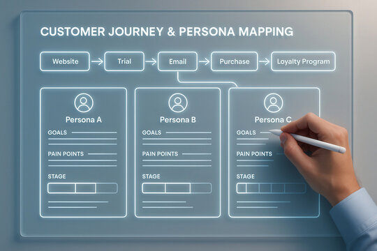 Customer journey and persona mapping visualized on a digital screen with a hand interacting with the interface