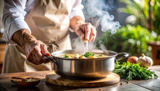 Chef preparing a steaming hot soup - Powered by Adobe