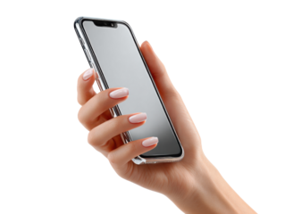 Holding a phone: A female hand delicately holds a sleek smartphone, showcasing the device's modern design and the elegance of the gesture. A perfect blend of technology and style.