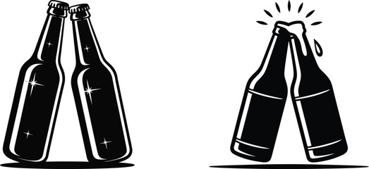 Beer Bottles Clinking Cheers and Foaming Celebration Silhouettes. Party and Beverage Vector Set