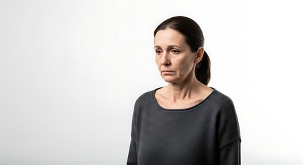 A middle-aged woman with a sad expression, looking down against a white background.