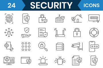 Security icon set. Security and Protection thin line icons symbol collection. Safety, password, access, lock, shield, cybersecurity, data protection, locked and more. Vector illustration.