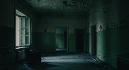 Eerie Abandoned Hallway with peeling paint and open doorway showcasing a forgotten interior