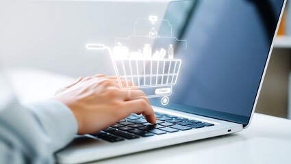 Hands typing on a laptop with an illuminated online shopping cart icon, depicting modern e-commerce convenience and digital purchasing experiences.