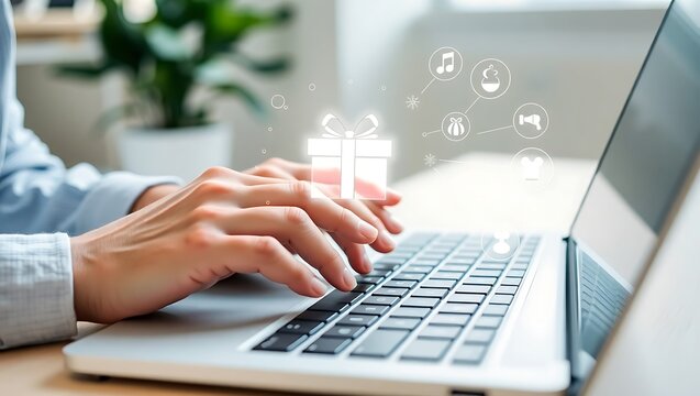 Woman's hands typing on a laptop, accessing an online rewards program with digital gift and entertainment icons.
