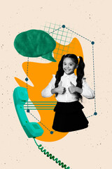Image zine pop art trend collage of happy schoolgirl show like gesture bubble communication telephone handset call school
