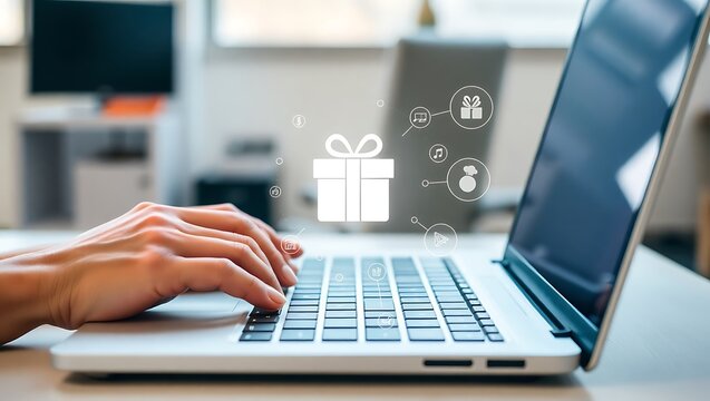 Seamless Online Gifting and Digital Rewards A Person's Hands Actively Typing on a Laptop for E-commerce Transactions and Loyalty Programs in a Modern Office.