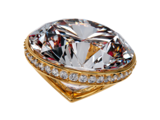 Diamond Ring: A stunning macro shot of a glamorous diamond ring. The brilliant cut of the central diamond reflects the light, showcased in an exquisite gold setting with surrounding smaller diamonds.