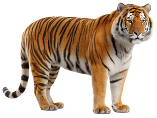 Obraz premium Majestic Tiger Portrait: A stunning Bengal tiger with striking orange and black stripes stands confidently, embodying the raw power and beauty of the wild.