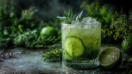 Fototapeta premium Fresh green cocktail with herbs