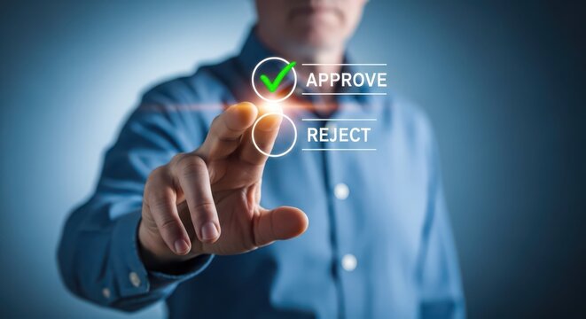 A man is using a digital interface to approve a request with a green checkmark
