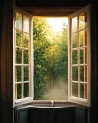 morning home calmness A serene view through an open window showcasing a lush green forest bathed in soft morning light.