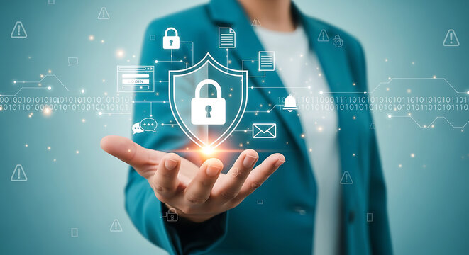 A woman presents a digital shield with a padlock symbolizing cybersecurity and data protection