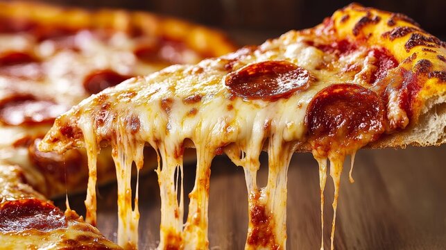 Delicious Pepperoni Pizza Slice with Melting Cheese Dripping Down, Ideal for Food Lovers Everywhere