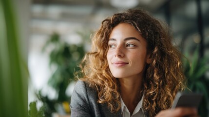 Young woman with curly hair smiling thoughtfully in modern office environment.