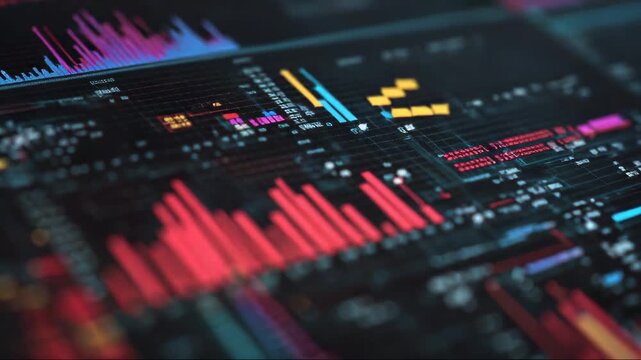 Data visualization with colorful graphs and charts on dark background  