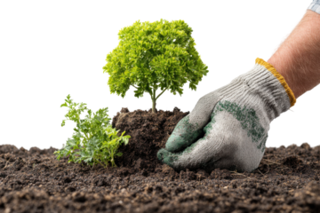 Gardening action planting small trees in soil home garden close-up. Isolated on transparent background, png.