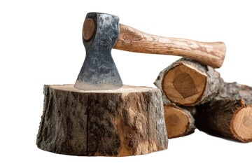 Chopping wood with axe outdoor forest photography natural setting. Isolated on transparent background, png.