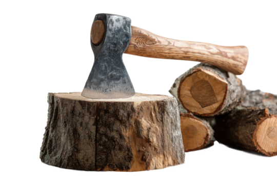 Chopping wood with axe outdoor forest photography natural setting. Isolated on transparent background, png.