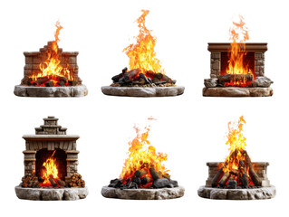 Cozy Fireplace Collection: A curated collection of six photorealistic fireplaces, radiating warmth and ambiance. Each scene captures the mesmerizing dance of flames and the inviting glow of a hearth.