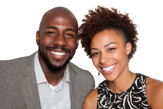 Joyful couple portrait studio photography smiling. Isolated on transparent background, png.