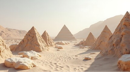 Ancient Egyptian pyramids rise majestically from a vast desert landscape under a hazy, sunlit sky, with rocky formations framing the iconic structures.