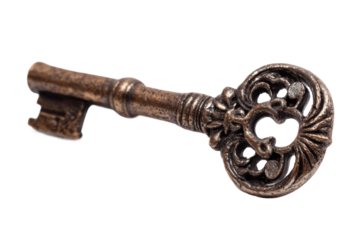 Unlocking mysteries vintage key antique collection close-up view. Isolated on transparent background, png.