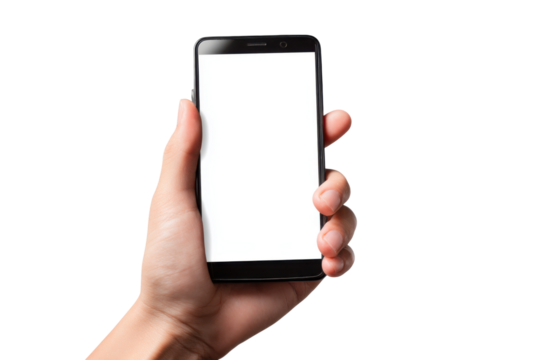 User holding smartphone indoor setting digital content close-up. Isolated on transparent background, png.