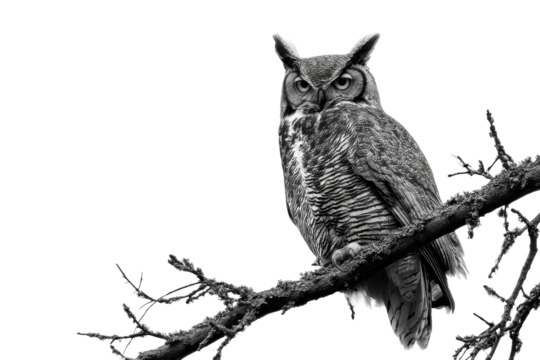Elegant owl on a branch stunning black and white nature photo. Isolated on transparent background, png. - Powered by Adobe