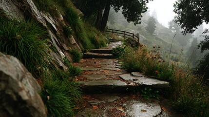 Rainy Mountain Path Stone Steps and Green Foliage in Misty Forest
