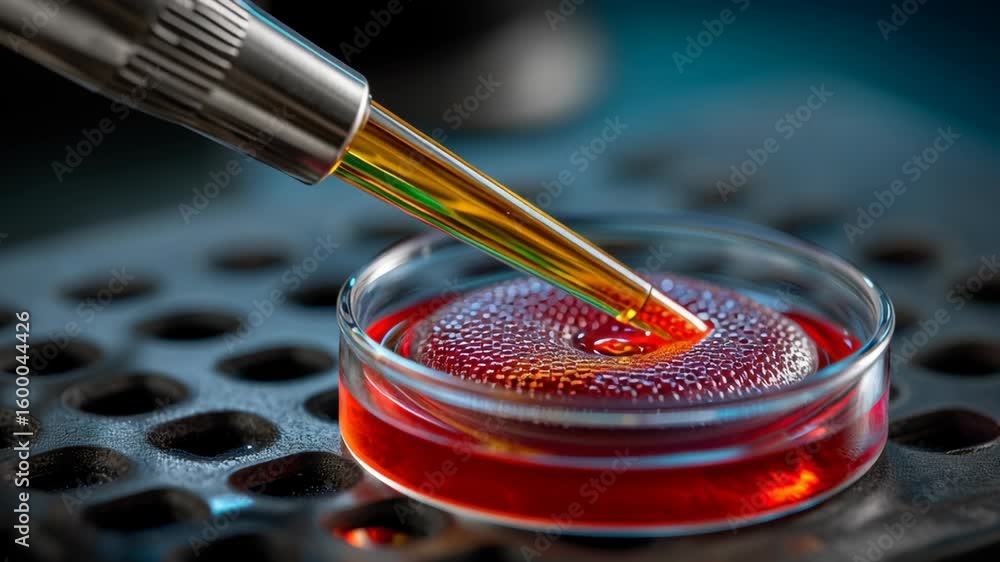 Aufkleber research scientist showcases precision in laboratory work by using pipette to transfer red liquid in