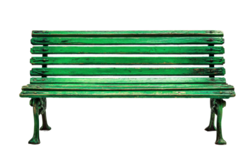 Green wooden bench in urban park furniture outdoor serene view. Isolated on transparent background, png.