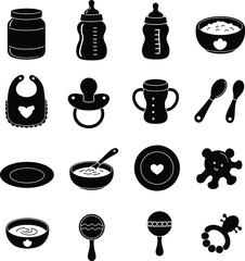 Complete Baby Feeding & Care Essentials Silhouettes: Adorable Icons for Newborns, Infant Nutrition, Child Rearing, and Baby Products.