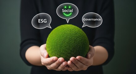 A person is holding a green sphere with esg social and governance icons above it