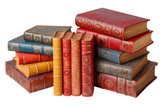 Classic book collection library still life cozy atmosphere close-up. Isolated on transparent background, png.