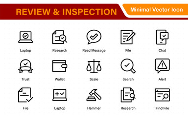 Review and Inspection icons in filled, outline, and line styles. Professional two-tone and monochrome vector illustrations for apps and dashboards.