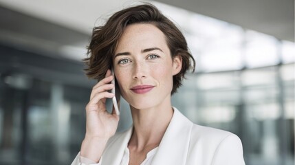 Professional woman talking on mobile phone in modern office environment with glass windows.