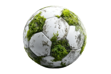 Soccer ball with moss abandoned field photo outdoor close-up. Isolated on transparent background, png.
