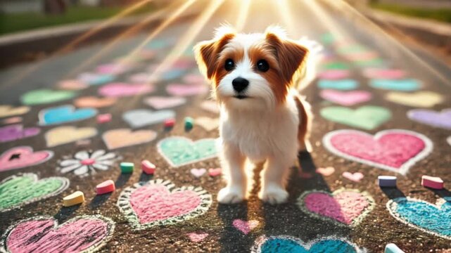 White and brown dog standing on chalk-decorated pavement with hearts and colorful doodles outdoors

