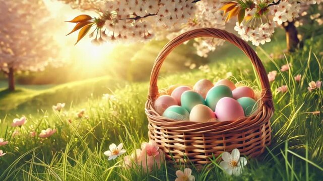 Pastel Easter eggs in wicker basket placed on grassy meadow during sunny spring day
