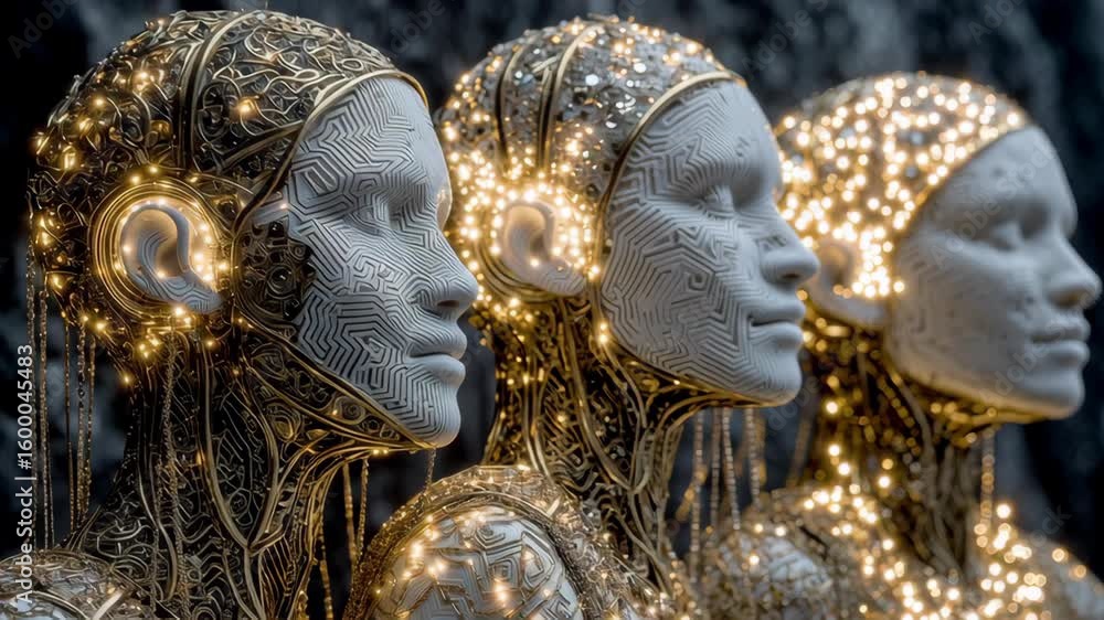 Poster futuristic humanoid robots showcase intricate circuit patterns and glowing artistry, highlighting ad