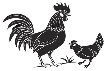 Rooster & Hen Poses – Black Silhouette Clipart Set
