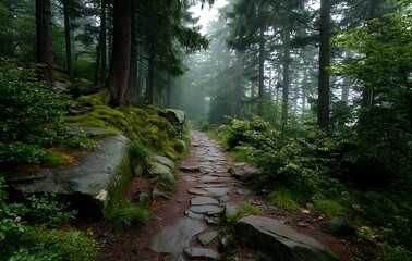 Obraz premium Misty Forest Path with Mossy Rocks and Lush Greenery