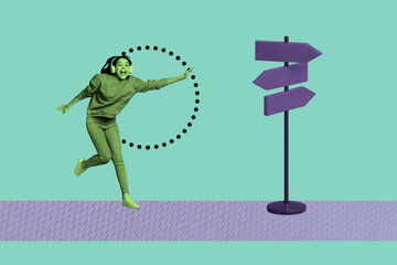 Contemporary artwork collage of happy girl jump road sign pointer direction lost arrow development...